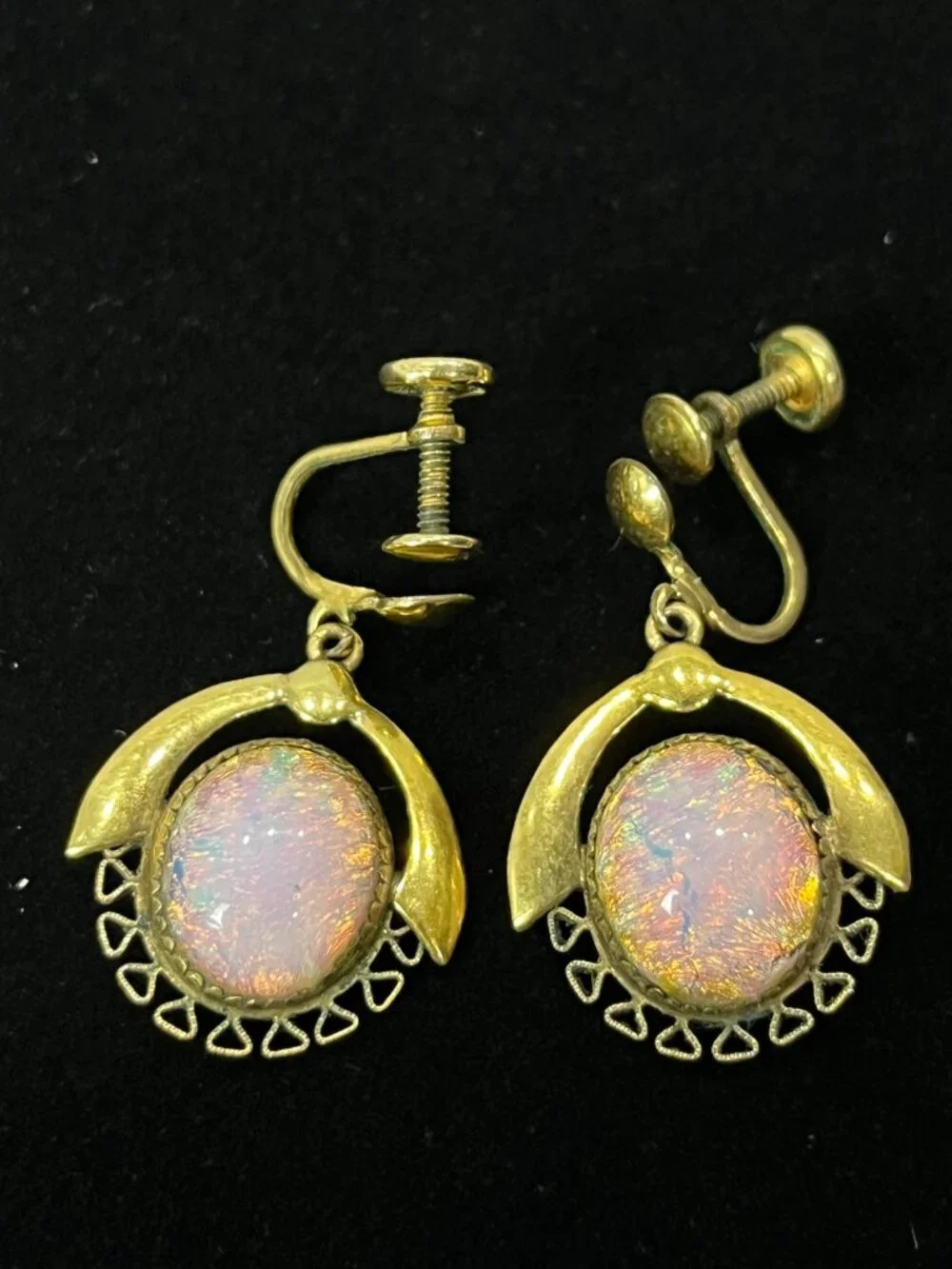 1/20 14k GF Opalite Earrings Midcentury ornate dangle unique screw on